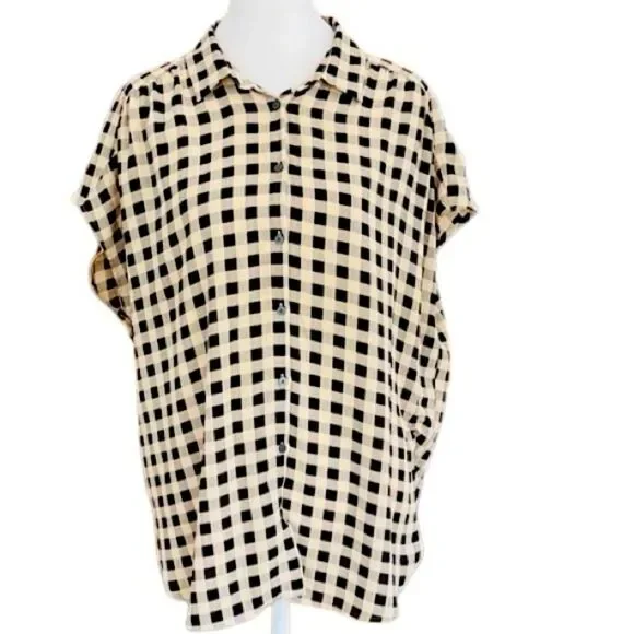 LOFT Outlet Button front Black and Tan Check Camp style Blouse size L - Picture 1 of 6